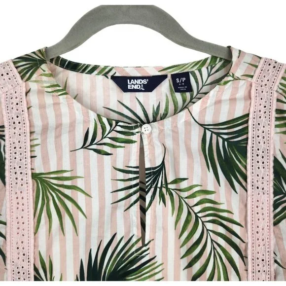 Lands' End Swimsuit Cover-up Dress Size S/P 6-8 Pink Green Palm Stripes Cotton - Picture 2 of 10
